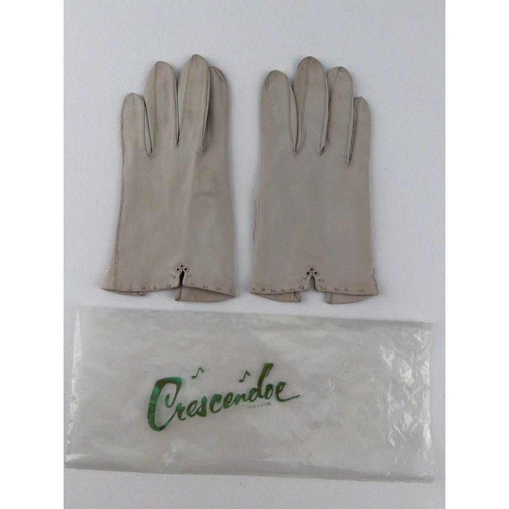 Crescendoe Leather Gloves Women Small Beige Embroidered Vintage 50s 60s Retro